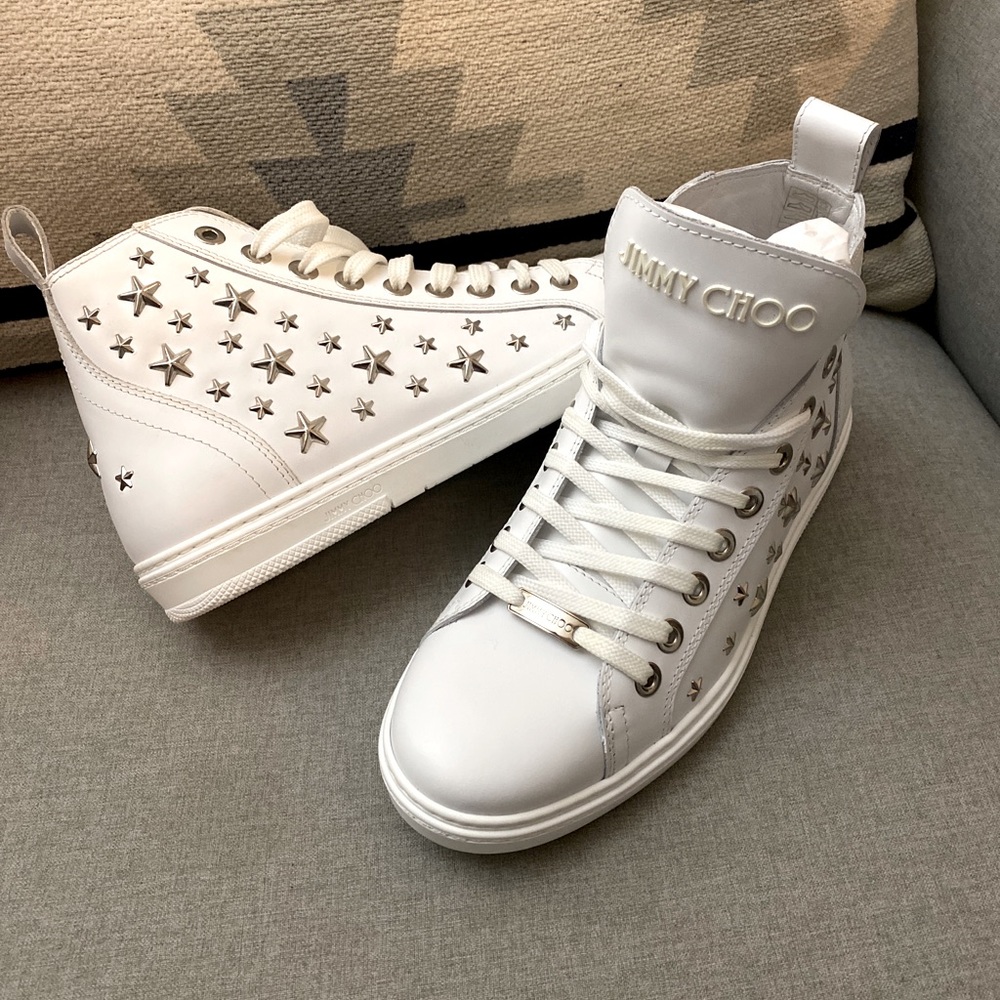 FINAL SALE Jimmy Choo colt studded star mid top WHITE sneakers logo NWT